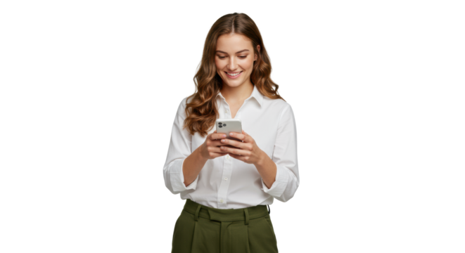 Young caucasian woman, mid-20s, wavy brown hair, white shirt, olive pants, smiling, holding smartphone on transparent background. Concept of modern digital engagement and optimism