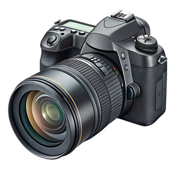 Black dslr camera with large zoom lens and detailed controls isolated on a transparent background photography