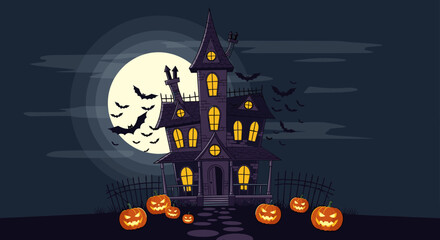 Spooky Haunted House Under a Full Moon with Jack-o'-Lanterns