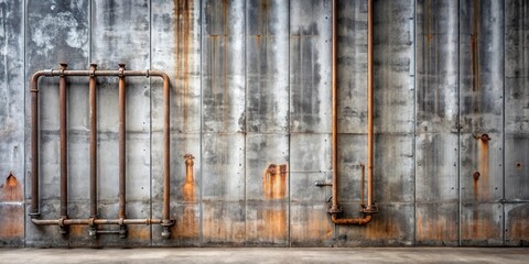 Rustic industrial concrete wall with aged metal pipes and rust accents