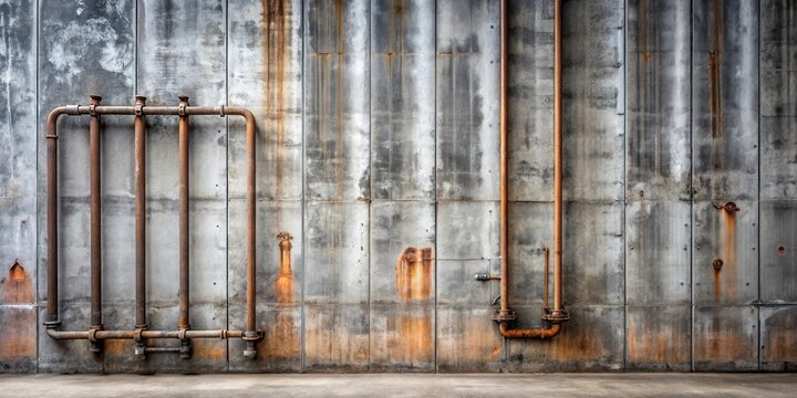 Rustic industrial concrete wall with aged metal pipes and rust accents