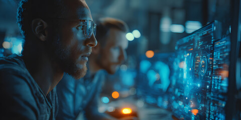 Diverse team analyses futuristic digital data, innovtive technology in busines for growth and developmen