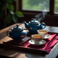 Blue ceramic teapot with hot tea high resolution photo