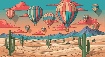 Hot Air Balloons Ascend Over Desert Landscape at Sunset