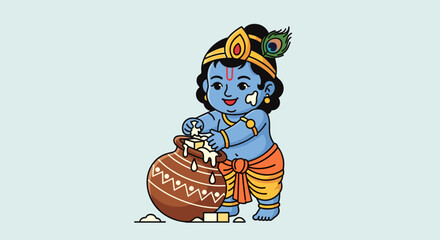 Cute baby Krishna eating butter from a pot