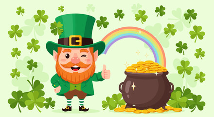 Lucky Irish Leprechaun with Pot of Gold and Rainbow