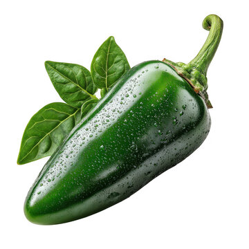 Fresh green jalapeno pepper with water droplets isolated on transparent background