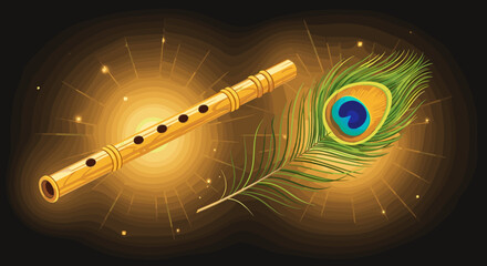 Mystical Golden Flute and Peacock Feather Glowing with Light