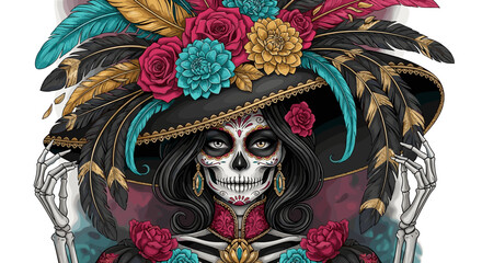 Elegant Skull Woman With Feathers Flowers And Ornate Hat
