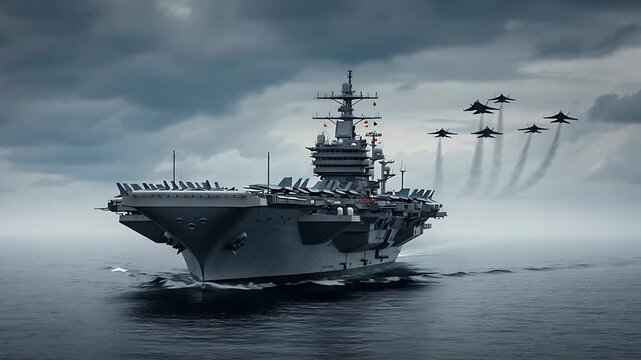 Spectacular Aircraft Carrier at Sea with Formation of Military Jets Flyby Display