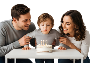 Happy young boy celebrating his birthday with his parents, blowing out candles on a cake