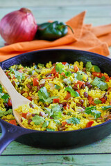 chorizo sausage fried rice with bell peppers, onion, jalapenos, and cilantro