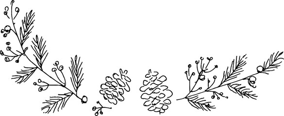 Fototapeta premium Hand drawn doodle border with pine branches and cones for nature-themed design