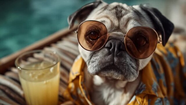 Relaxed pug in sunglasses lounging by the poolside