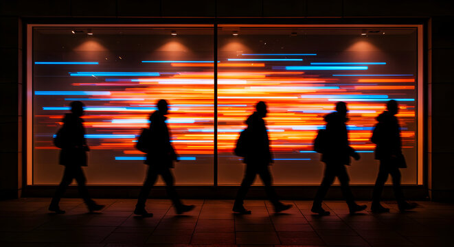 Silhouetted figures walking past a vibrant digital art display at night city life urban scene modern technology