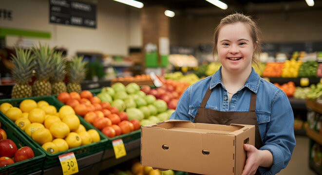 Smiling young woman with Down syndrome working at a grocery store produce section holding a box of fresh fruits and vegetables happy employee inclusion diversity