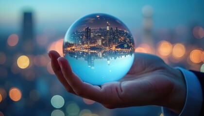 Financial expert holds crystal ball with city skyline reflection, foretelling economic trends. Focus on business strategy, market analysis, investment growth, and future planning insights.