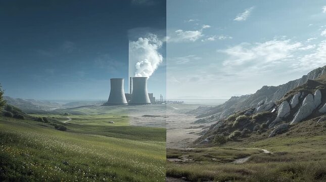 A conceptual split-screen image. On the left, a beautiful, untouched natural landscape with lush forests, clean rivers, and vibrant wildlife