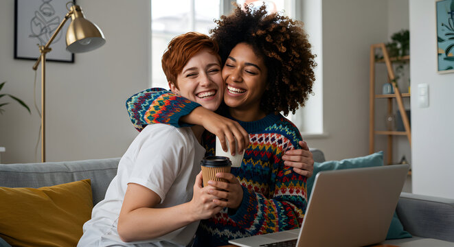 Happy diverse couple embracing on sofa using laptop and enjoying coffee together at home modern apartment cozy lifestyle