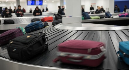 Slow motion closeup of motorized roller systems rotating luggage carousel belts in a bustling airport terminal environment.