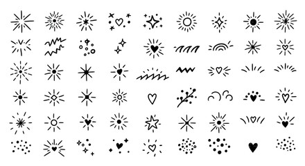 A Collection of Hand-Drawn Sparkling Starbursts and Hearts for Decorative Design Elements and Embellishments