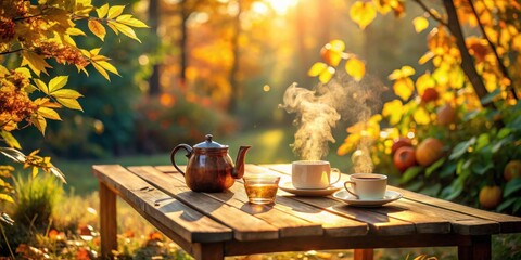 Serene Autumn Morning Tea Ritual on Wooden Table