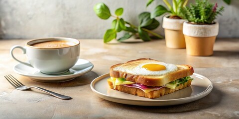 Delicious fried egg sandwich with cheese and greens, served with coffee for a delightful breakfast