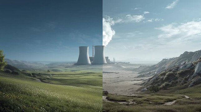 A conceptual split-screen image. On the left, a beautiful, untouched natural landscape with lush forests, clean rivers, and vibrant wildlife