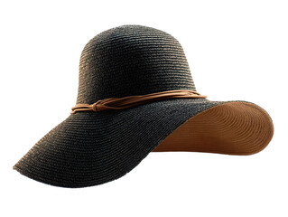 A stylish black straw hat with a wide brim and a brown band, perfect for summer outings or beach days., transparent png, cutout