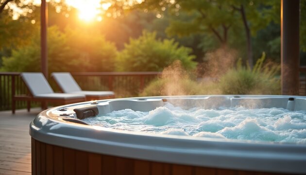 Luxurious outdoor hot tub steams on sunlit wooden deck. Peaceful garden setting, bubbling water, warm spa bubbles provide calmness, relaxation. Modern resort lifestyle, soothing jacuzzi, natural