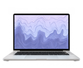 Modern silver laptop open displaying abstract purple wave pattern isolated on transparent background