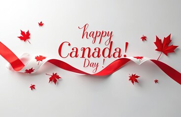 Red and white ribbon with maple leaves and text Happy Canada Day on a minimalist white background. Festive holiday greeting celebrating national pride and Canadian heritage with patriotic symbols.
