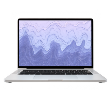 Modern silver laptop open displaying abstract purple wave pattern isolated on transparent background