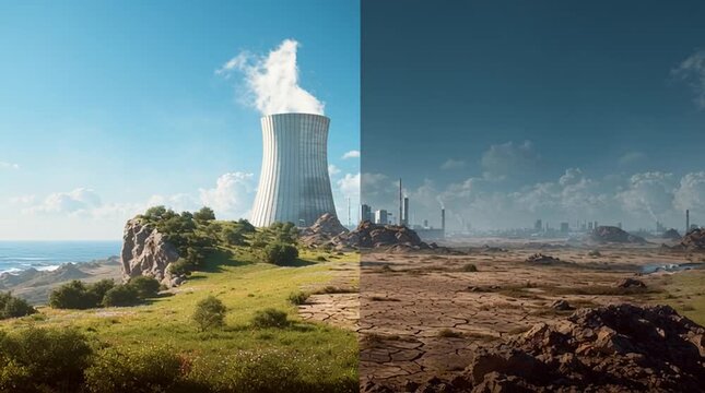 A conceptual split-screen image. On the left, a beautiful, untouched natural landscape with lush forests, clean rivers, and vibrant wildlife