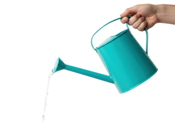Anonymous adult hand meticulously pours clear water from vibrant teal watering can on a pristine high-key white studio background, conveying optimistic strategic investment