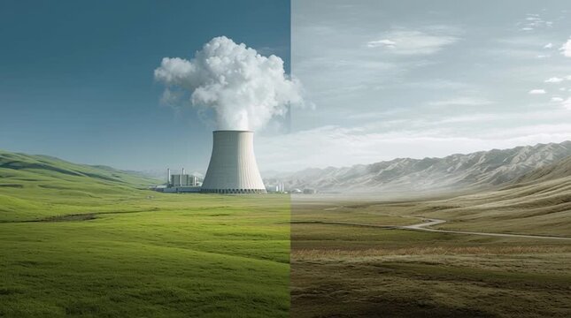 A conceptual split-screen image. On the left, a beautiful, untouched natural landscape with lush forests, clean rivers, and vibrant wildlife