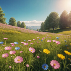 Fototapeta premium Colorful spring meadow with wildflowers and trees under sunlight in valley view, Generative AI