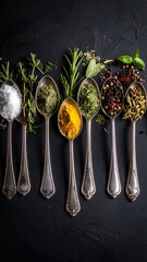 Vintage Spoons Filled with Assorted Herbs and Spices on Dark Background.