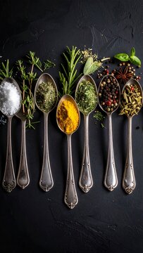 Vintage Spoons Filled with Assorted Herbs and Spices on Dark Background.