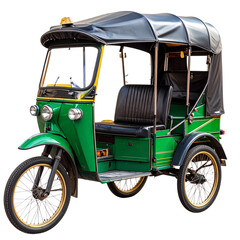 Traditional Green Auto Rickshaw Side View with Canopy, Transparent Background