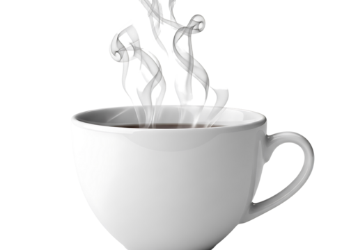 A white ceramic mug filled with hot beverage, showcasing swirling, abstract steam patterns against a black backdrop.