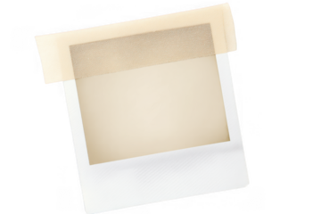 Vintage instant photo frame with faded image held by tape isolated on transparent background