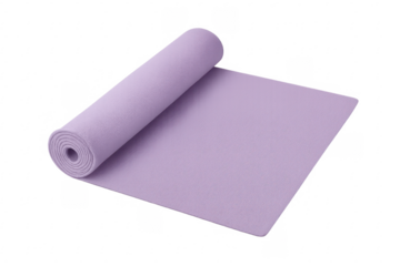 Purple yoga mat partially rolled up on transparent background
