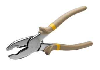 Professional heavy duty combination pliers with yellow and blue stripped ergonomic handles isolated on black transparent background