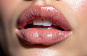 Fototapeta premium Macro view of glossy pink lips with smooth texture and natural shine. Clear teeth visible. Soft, plump lips with subtle color and transparent lipstick enhance facial freshness and vitality.