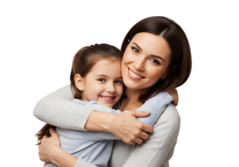 Mother and daughter embracing and smiling, isolated on a white background