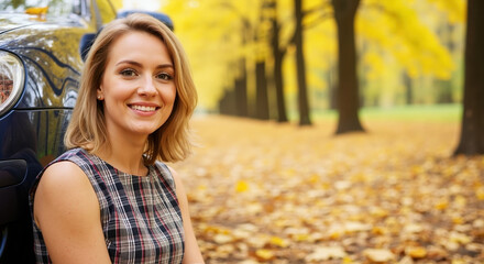 Woman in plaid sleeveless dress standing next to car in autumn park. Fall fashion portrait. Automotive and seasonal clothing marketing campaigns