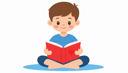 A cartoon boy sits cross-legged, engrossed in reading a vibrant, open book.