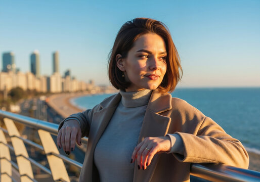 Woman with short dark hair in beige coat and turtleneck standing on waterfront with city skyline background. Coastal lifestyle and autumn outerwear fashion