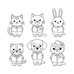 Obraz premium Adorable Cartoon Animals in Formal Wear - Cats, Dog, and Rabbit.